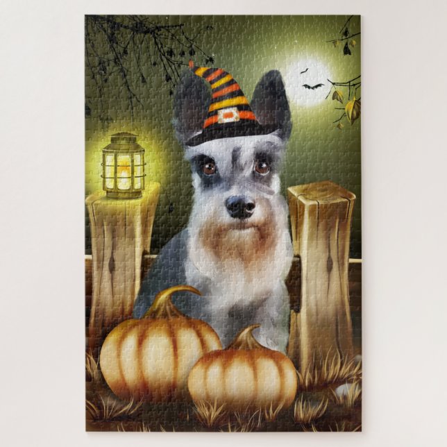 Miniatura Quebra-cabeça de Halloween do Schnauzer. (Vertical)