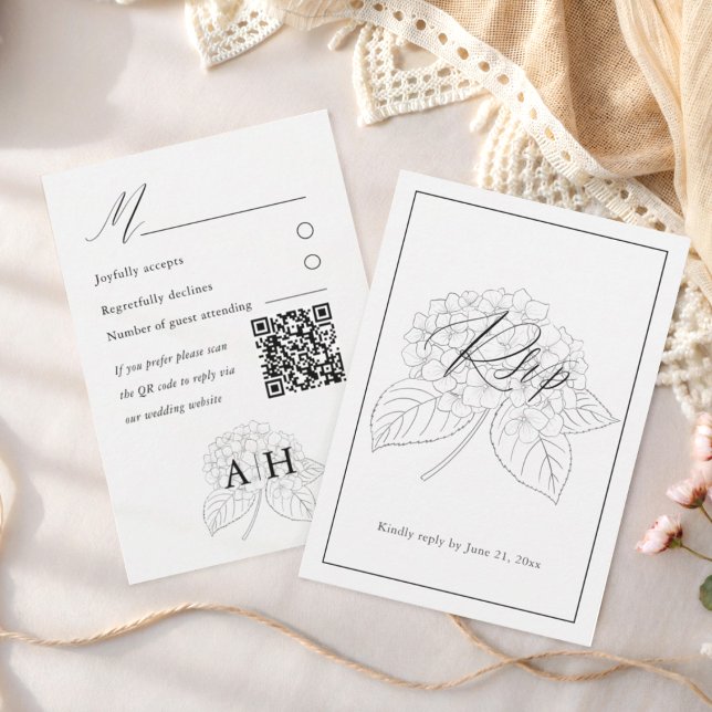 Minimal Black & White Hydrangea Wedding RSVP (Criador carregado)