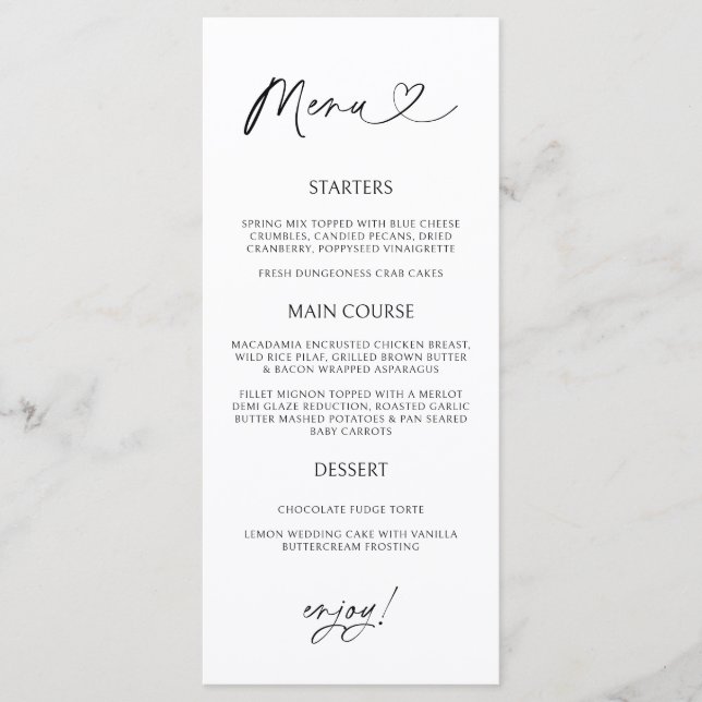 Minimal Heart Menu Card Reception Formal Dinner  (Frente)