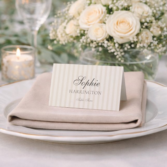 Minimal Taupe Stripe Wedding Place Card  (Criador carregado)