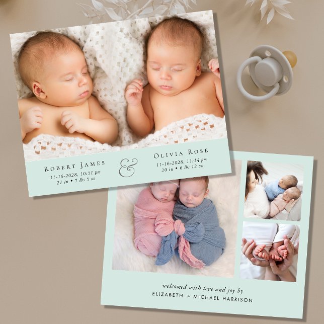 Minimal Twins Photo Mint Green Birth Announcement (Criador carregado)