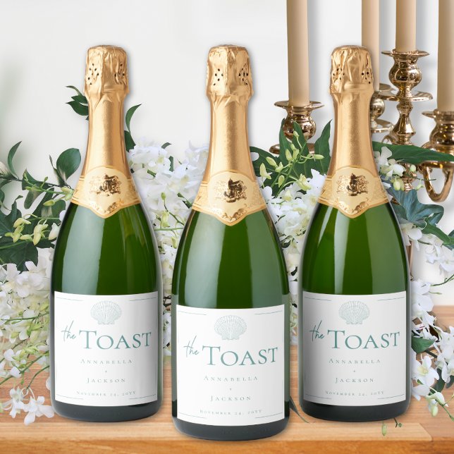 Minimal Typography Aqua & White Seashell Wedding (Minimal Typography Aqua & White Seashell Wedding Sparkling Wine Label)