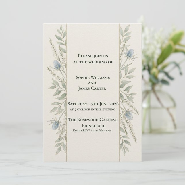 Minimal Verde Espinheiro Botânico Convite Casament (Em pé/Frente)