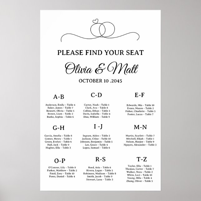 Minimal Wedding Alphabetical Seating Chart Poster (Frente)