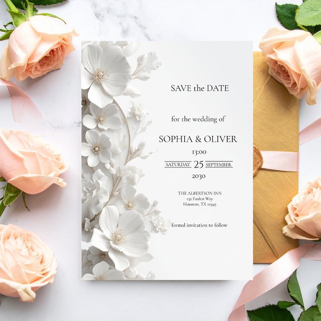 Minimalist 3D White Floral Luxury  Save the Date (Criador carregado)