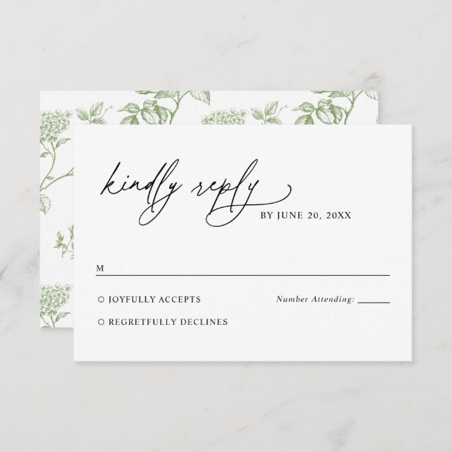 Minimalist Black and White Green Wedding RSVP Card (Frente/Verso)