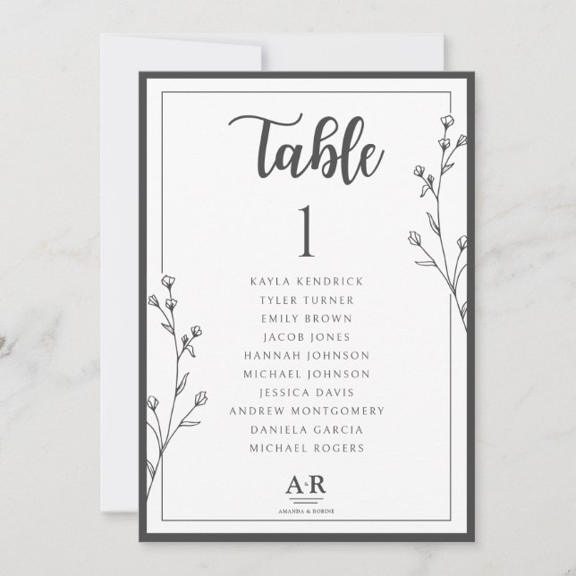 Minimalist Black & White Wedding Seating Plan Card (Frente)