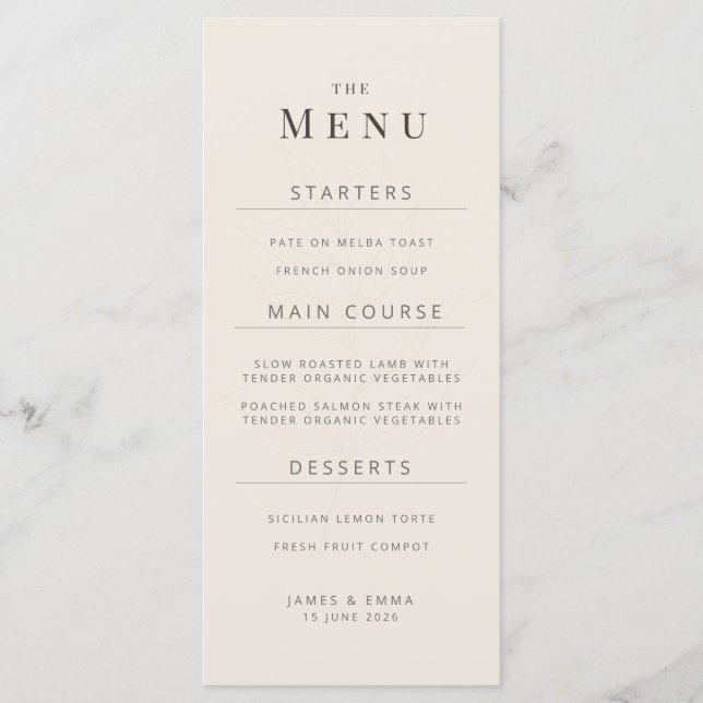 Minimalist Botanical Wedding Menu Soft Beige (Frente)