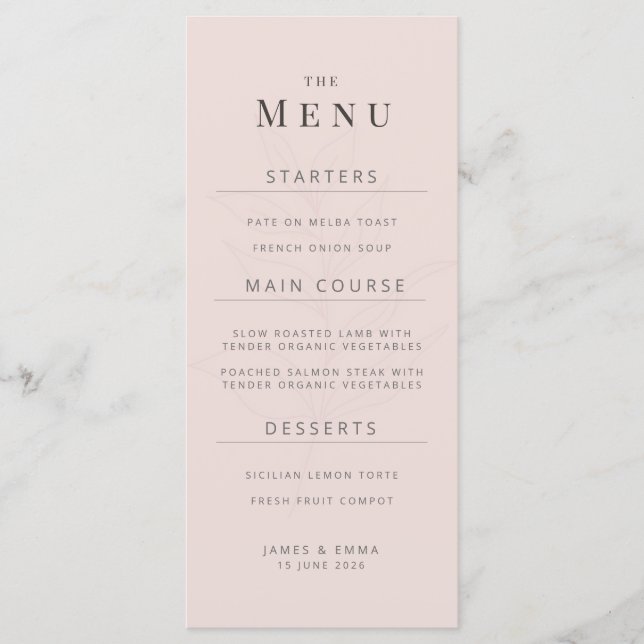 Minimalist Botanical Wedding Menu | Warm Blush (Frente)
