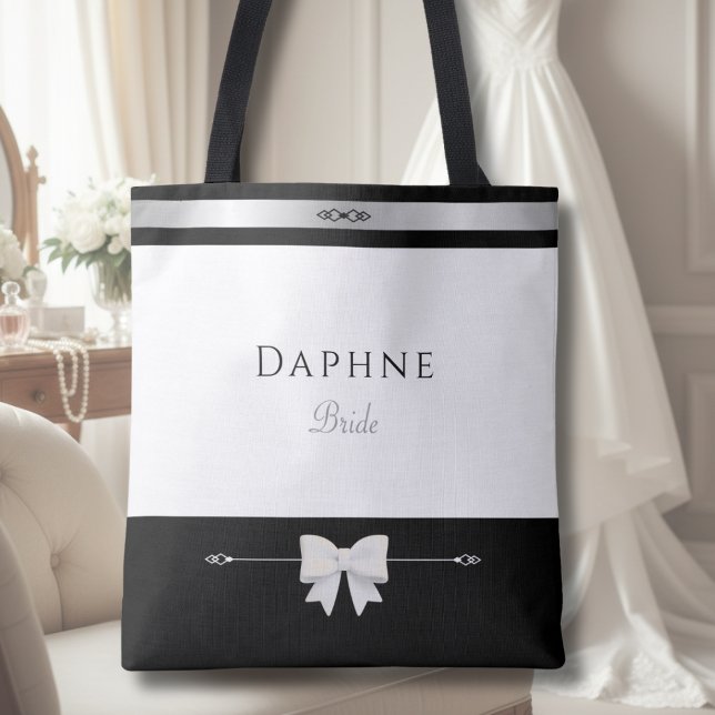 Minimalist Bride Gift | Elegant Typography Tote (Luxury minimalist Bride tote bag with elegant typography in a sophisticated wedding morning setting.)