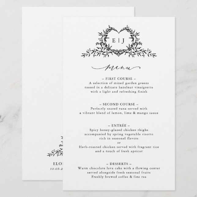 Minimalist Calligraphy Crest monogram Wedding Menu (Frente/Verso)