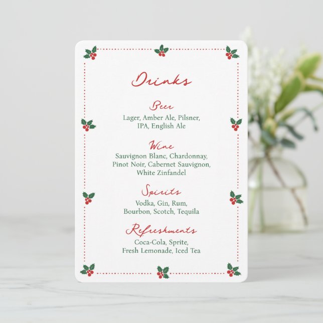 Minimalist Christmas Holly Drink Bar Menu Sign  (Em pé/Frente)