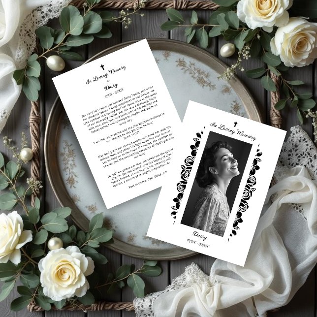 Minimalist Exquisite Floral Black & White Floral (Exquisite Minimalist Floral Black & White Floral Garlands Funeral Keepsake Cards.)