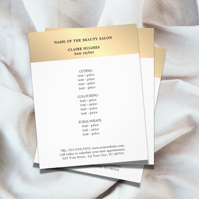 Minimalist Faux Gold White Beauty Salon Menu (Criador carregado)
