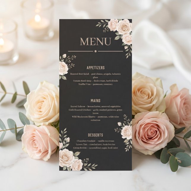 Minimalist Floral Black Restaurant Or Wedding Menu (Criador carregado)