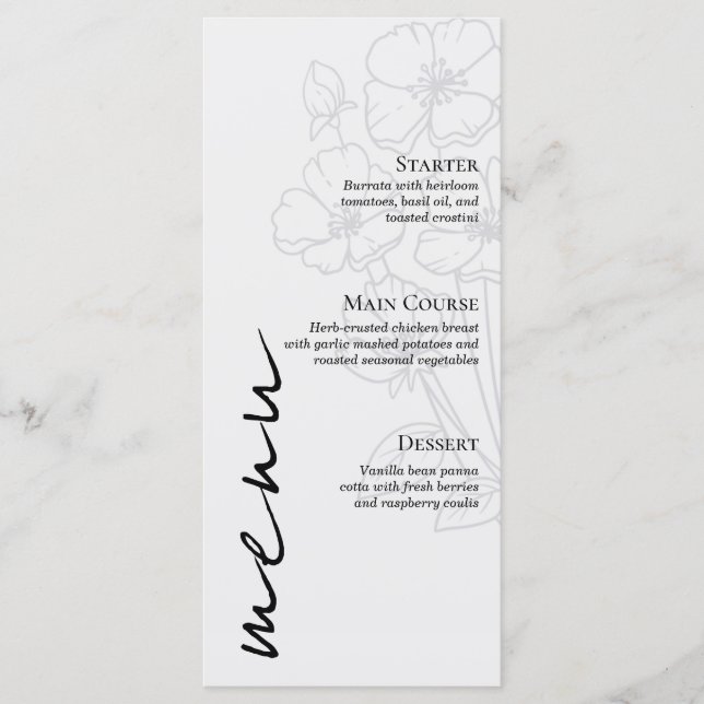 Minimalist Floral Line Art Wedding Menu Card (Frente)