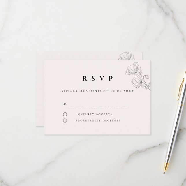 Minimalist Floral Line Art Wedding RSVP Card (Frente/Verso In Situ)