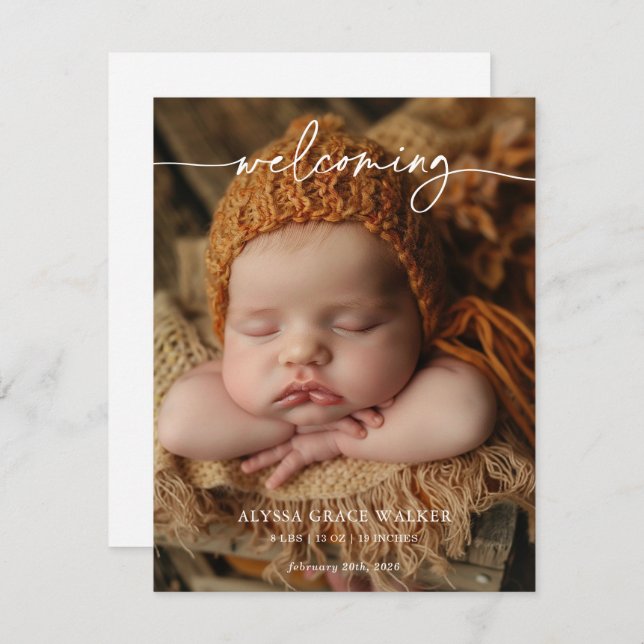 Minimalist Formal Welcoming Baby Announcement card (Frente/Verso)