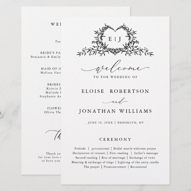 Minimalist Monogram Calligraphy Wedding Program (Frente/Verso)