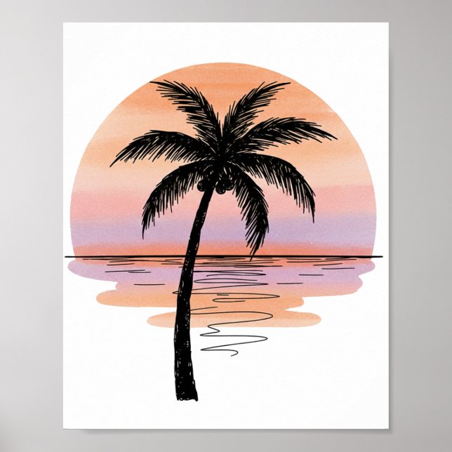 Minimalist Sunset Beach Poster – Palm Tree Ocean (Frente)