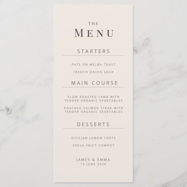 Minimalist Wedding Menu Soft Beige (Frente)