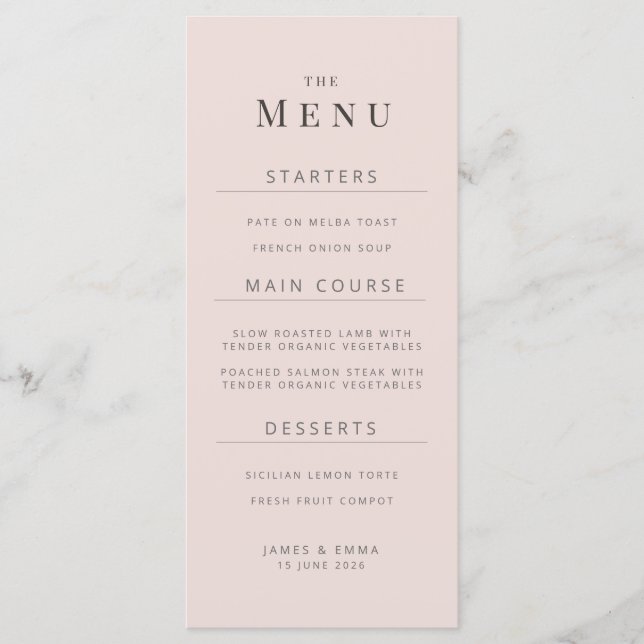 Minimalist Wedding Menu | Warm Blush (Frente)