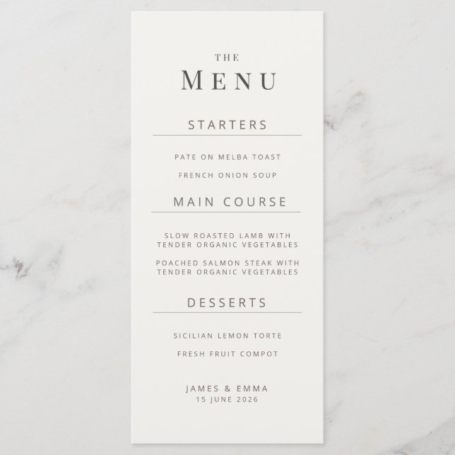 Minimalist Wedding Menu | Warm White (Frente)