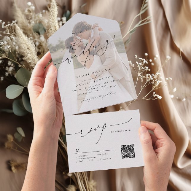Minimalista Moderno Chic Script Elegante Casamento (Minimalist Modern Chic Script Elegant Wedding All In One Invitation)