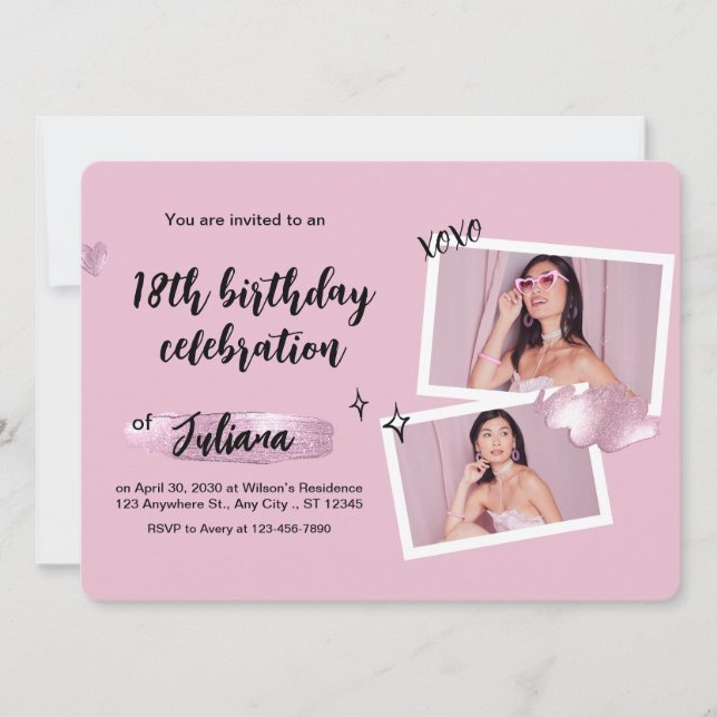 Mínimo 18º Convite de Aniversário, Rosa e Preto (Frente)
