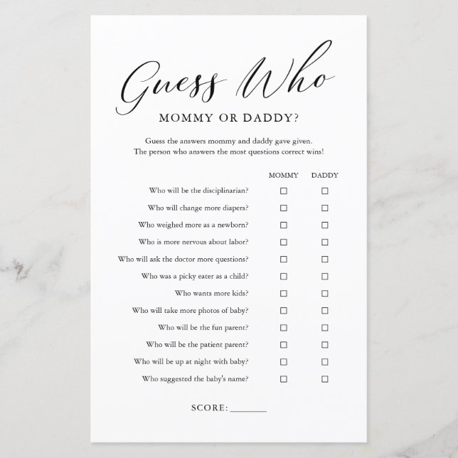 Mínimo adivinha quem Mamãe ou jogo de Pai (Frente)