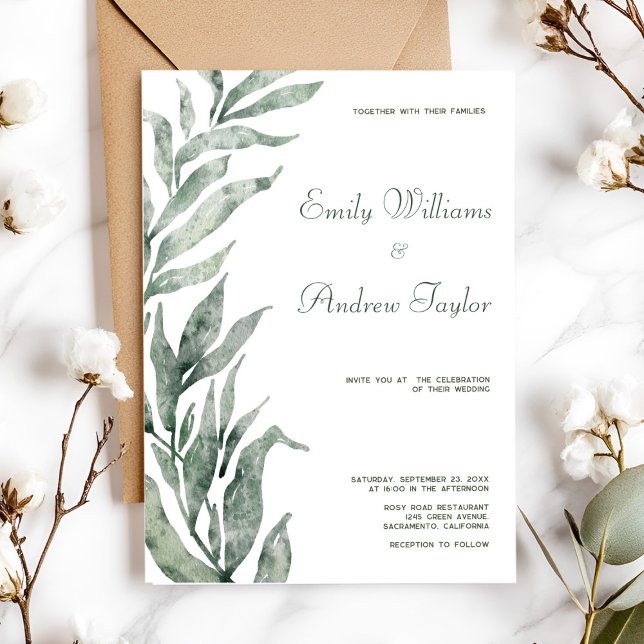Mínimo convite de casamento verde à aquarela (Elegant minimalistic watercolor green invitation, perfect for weddings or baby showers)