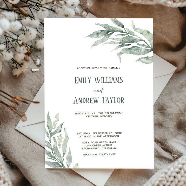 Mínimo convite de casamento verde à aquarela (Elegant minimalistic watercolor green invitation, perfect for weddings or baby showers)