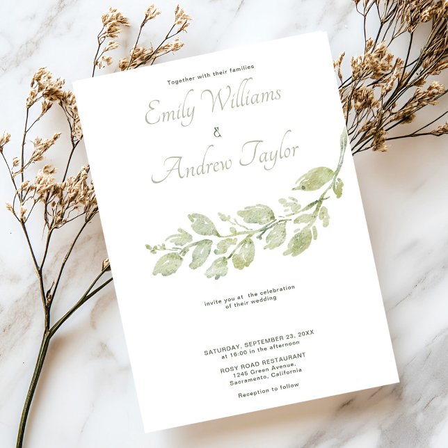Mínimo convite de casamento verde à aquarela (Elegant minimalistic watercolor green invitation, perfect for weddings or baby showers)