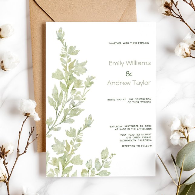 Mínimo convite de casamento verde à aquarela (Elegant minimalistic watercolor green invitation, perfect for weddings or baby showers)