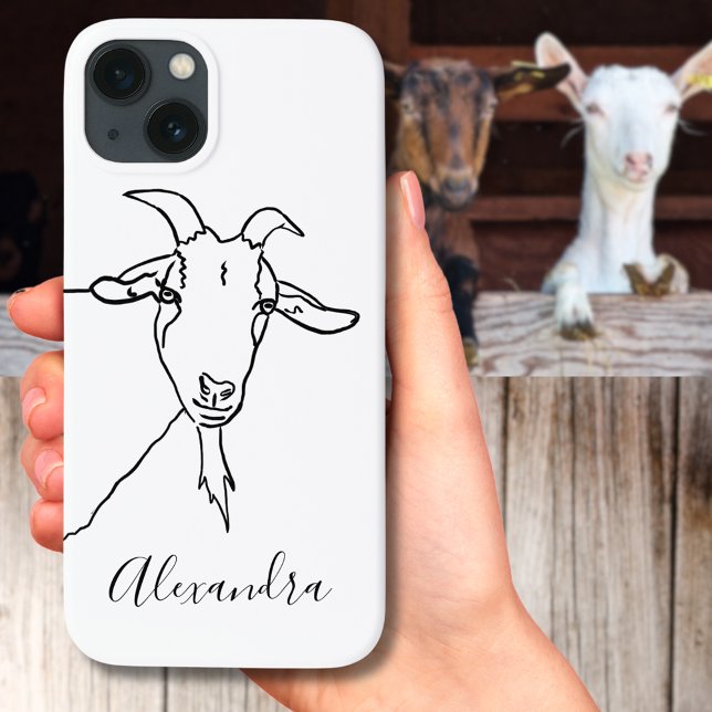 Mínimo de Cabra em Branco e Preto Nome (Cute goat minimalist drawing add name custom iPhone case)