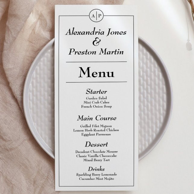 Mínimo de Cartão de Menu de Casamento de Monograma (simple and modern, this black and white monogram menu is an elegant personal touch to your wedding)