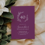 Mínimo de Convite para aniversário de 40 anos de B<br><div class="desc">Este mínimo de aniversário de 40 anos púrpura de morango é perfeito para uma festa de aniversário de vassoura. A design apresenta uma simples silhueta verde folha em uma romântica cor violeta de verão com estilo minimalista de jardim boêmico.</div>