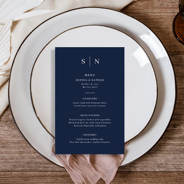 Mínimo e Chic | Marinho escuro Menu Casamento Azul (An elegant wedding menu in dark navy blue with white text and your monogram)