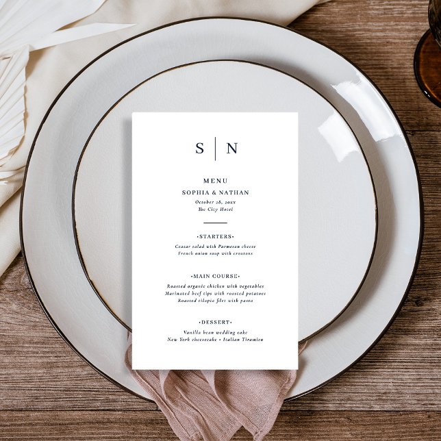 Mínimo e Chic | Menu Casamento Branco e Marinho (A modern and minimalist wedding menu, with dark navy blue text on white)
