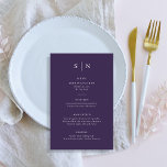 Mínimo e Chic | Menu Casamento Roxo<br><div class="desc">Estes elegantes e modernos cartões de cardápio de casamento ou cartões de menu de janto de ensaio apresentam um simples design de texto roxo e branco que exumenta o estilo minimalista. Adicione suas iniciais ou monograma para torná-las completamente suas.</div>