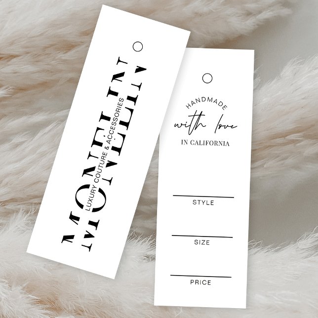 Mínimo - Etiqueta de preço simples de vestuário pr (Simple white with black text clothing tag design with space for your brand name or logo)