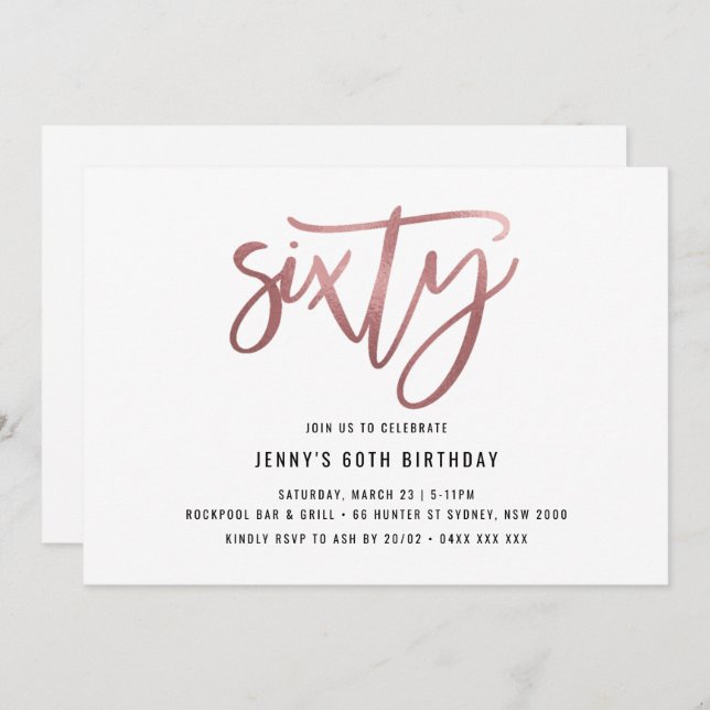 Mínimo Rosa Gold Foil 60º Convite de Aniversário (Frente/Verso)