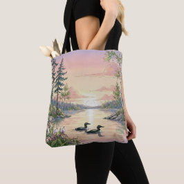 Minnesota Lake Sunset with Loons, Tote Bag