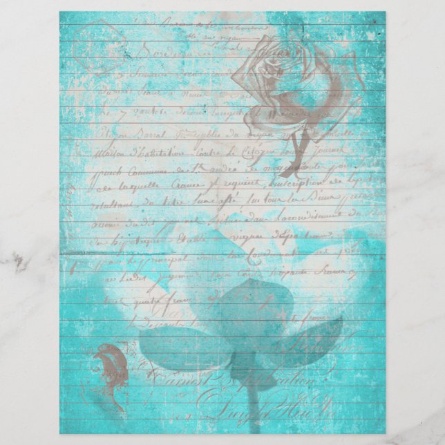 Mint blue old handwritting paper and flowers (Frente)