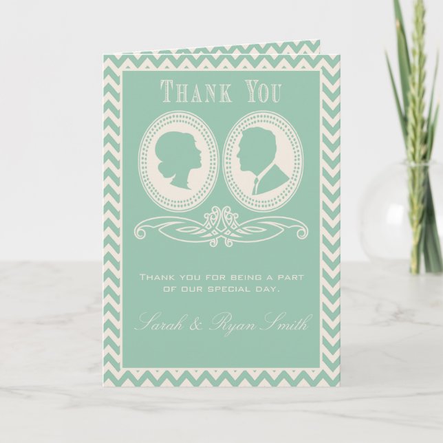 Mint Chevron & Script Wedding Obrigado Cartões (Frente)
