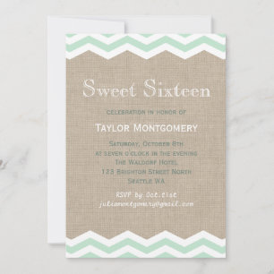 Mint Chevrons sobre Burlap Sweet Sixten Convite