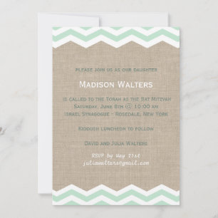 Mint Chevrons sobre o convite de Burlap Bat Mitzva