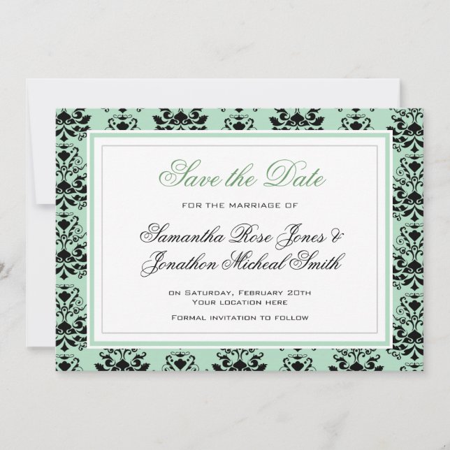 Mint e Black Damask com Convite para Casamento Bra (Frente)