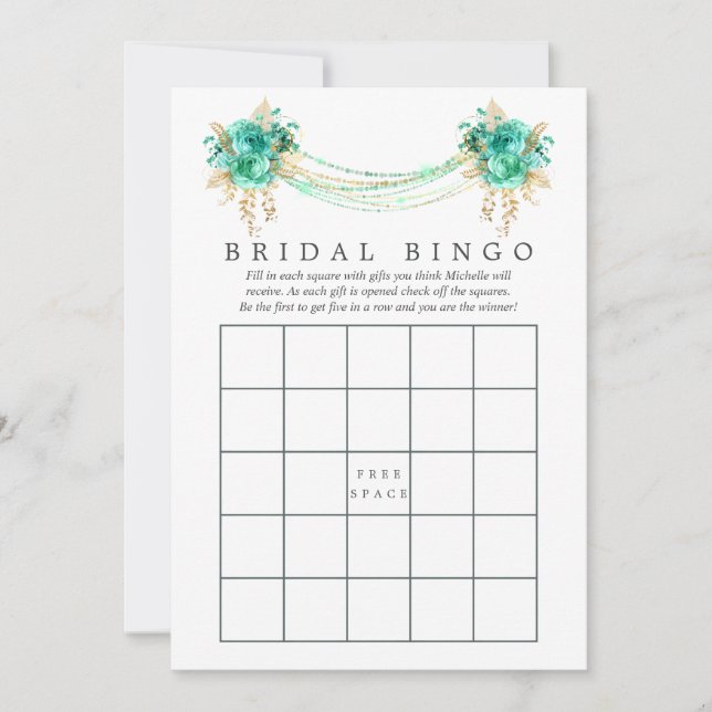 Mint e Dourada Floral Luzes Bridal Bingo (Frente)