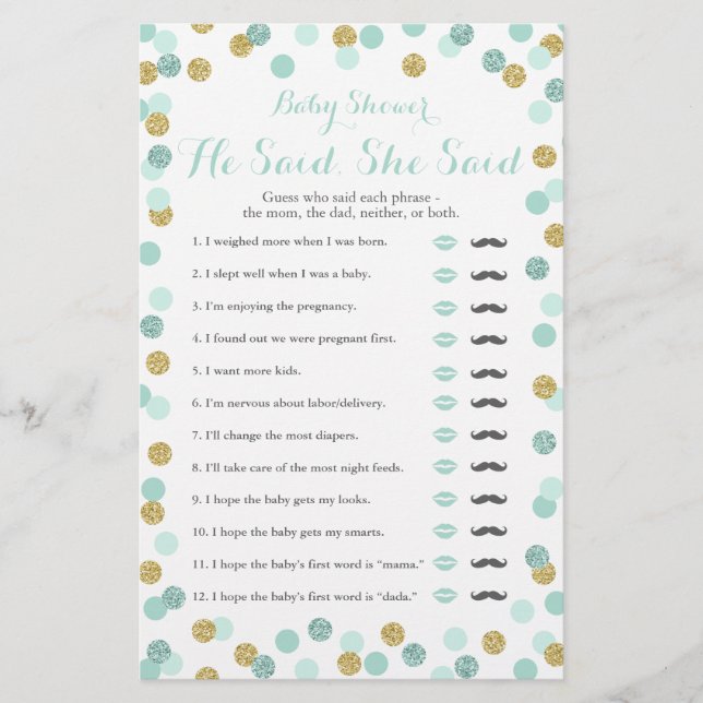 Mint e Dourado Chá de fraldas Ele Disse Que Ela Di (Frente)